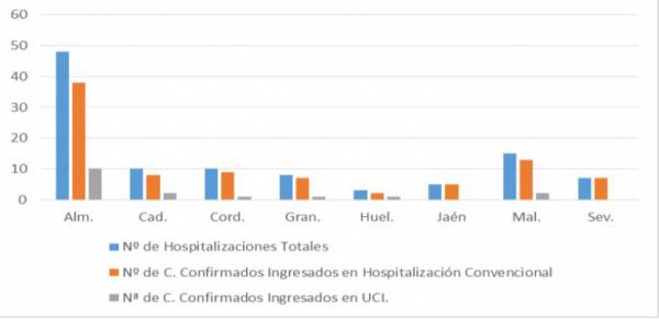 Salud y Familias informa de que, actualmente, 106 pacientes confirmados con COVID-19 permanecen ingresados en los hospitales andaluces, de los que 17 se encuentran en UCI