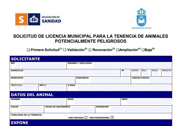 El impreso para solicitar licencia de tenencia de animales potencialmente peligrosos, descargable desde la web municipal