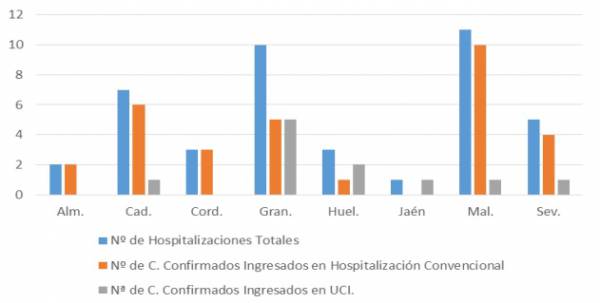 La Consejería de Salud y Familias informa de que, actualmente, 42 pacientes confirmados con COVID-19 permanecen ingresados en los hospitales andaluces, de los que 11 se encuentran en UCI