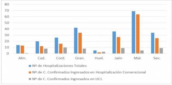 La Consejería de Salud y Familias informa que, actualmente, 246 pacientes confirmados con COVID-19 permanecen ingresados en los hospitales andaluces, de los que 53 se encuentran en UCI.