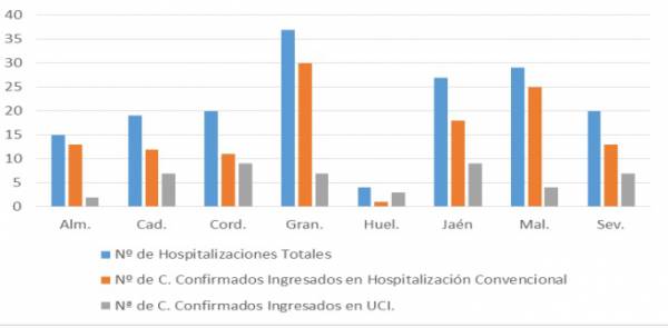 La Consejería de Salud y Familias informa que, actualmente, 171 pacientes confirmados con COVID-19 permanecen ingresados en los hospitales andaluces, de los que 48 se encuentran en UCI
