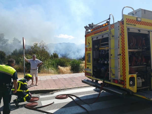 Bomberos actúan en un incendio de pasto y matorral en Aldea del Rocío en Los Barrios.