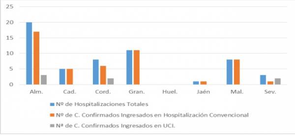 Salud y Familias informa de que, actualmente, 56 pacientes confirmados con COVID-19 permanecen ingresados en los hospitales andaluces, de los que 7 se encuentran en UCI