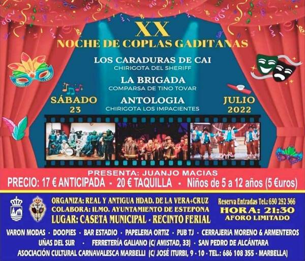 Tino Tovar, Sheriff y la chirigota de Puerto Real protagonistas de la XX Noche de Coplas Gaditanas en Estepona